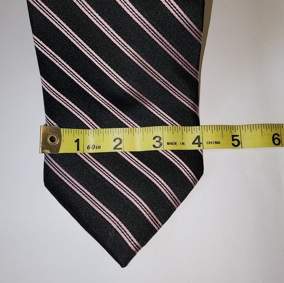 Burma Bibas striped silk tie, 62" L 4" W, Euc, black, white, pink stripes - Picture 5 of 8